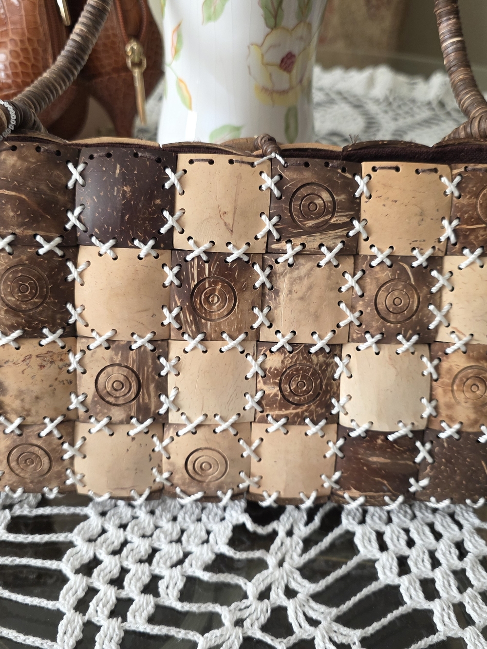 Coconut Shell Checkerboard Handbag Wooden Beaded Handle Boho Artisan Purse - Picture 6 of 8